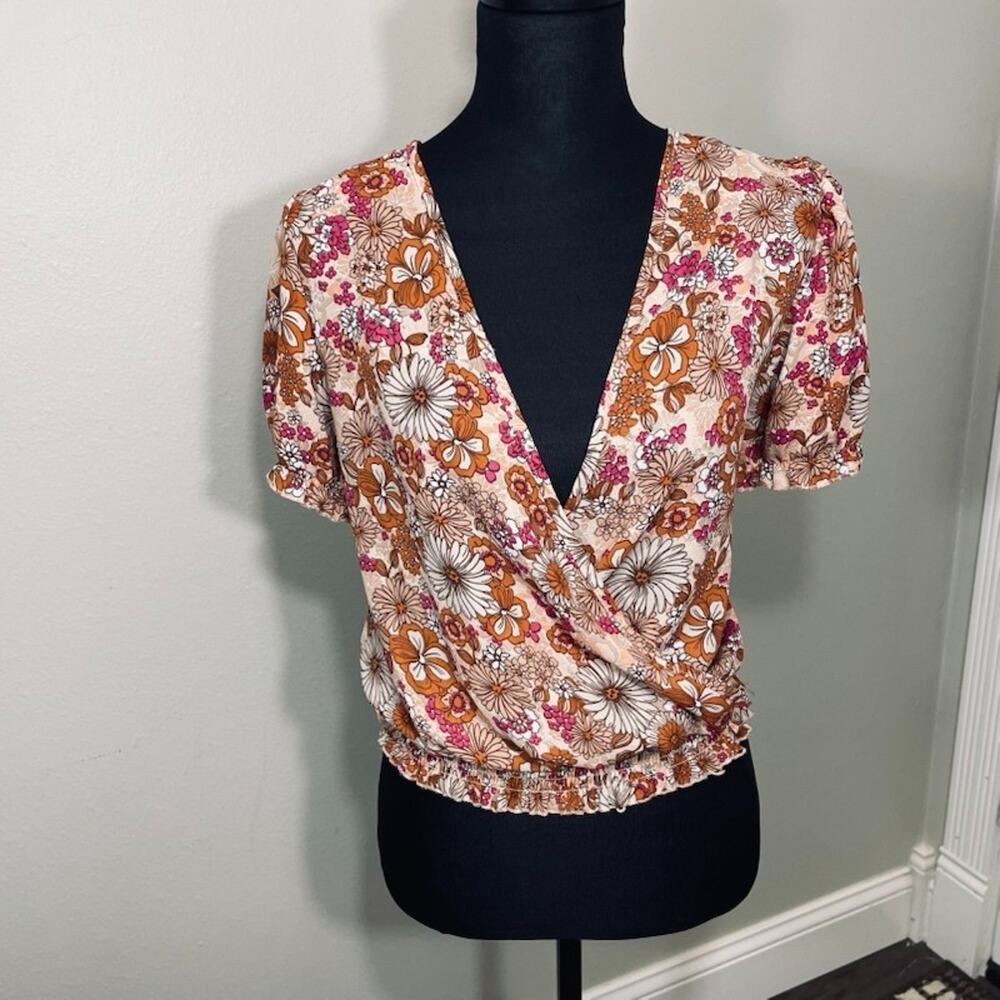 Madison Hudson Womens Crossover Orange Floral Bouse Large Puff Sleeve Smocked L